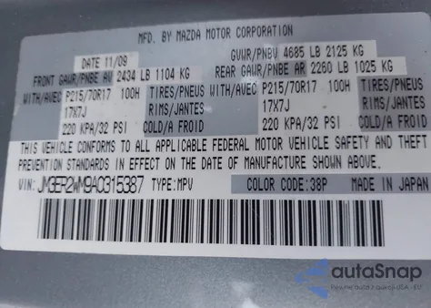 2010 Mazda Cx-7 I Sport from USA, damaged, VIN JM3ER2WM9A0315387